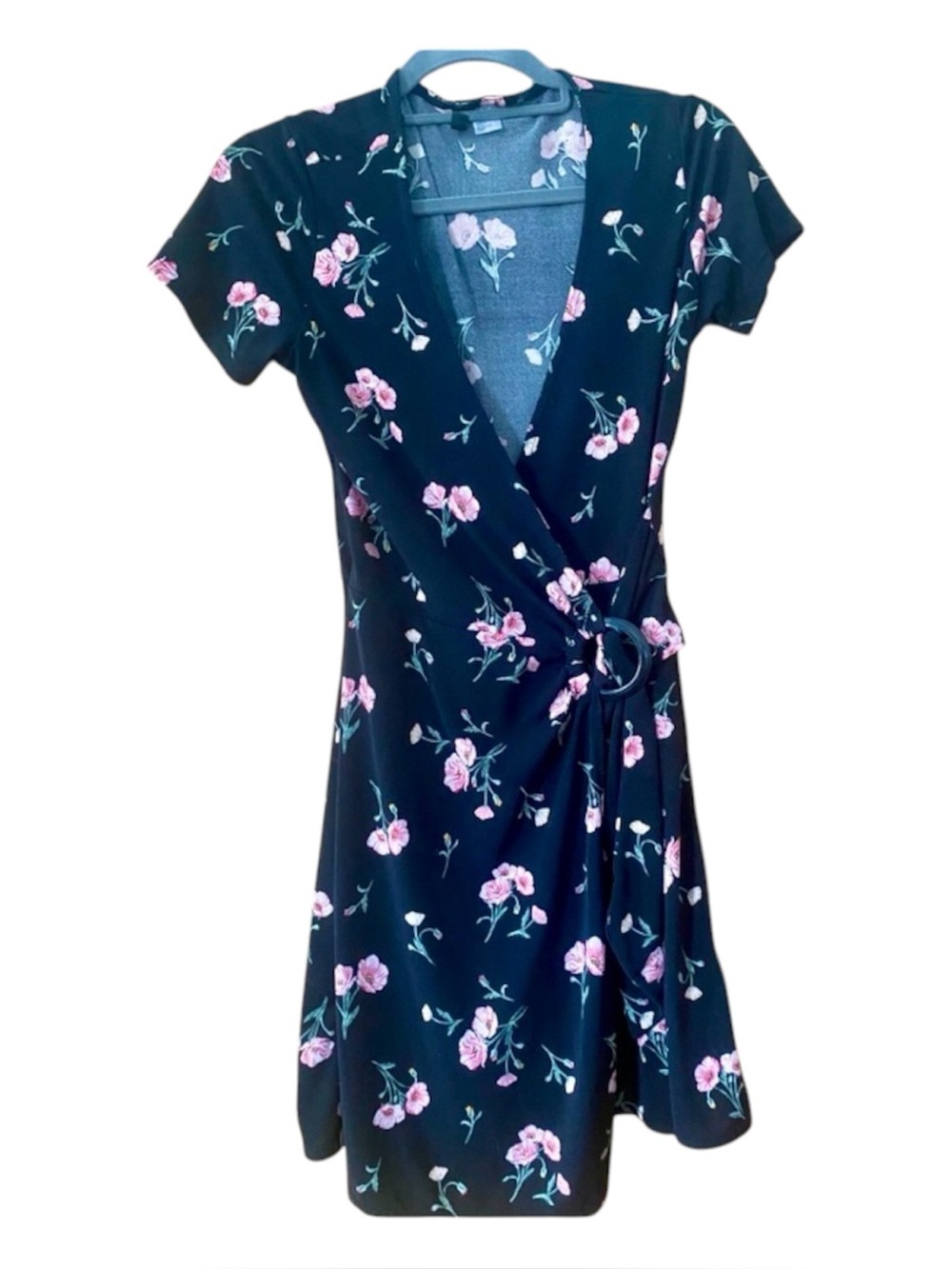H&M Divided Floral Faux Wrap Mini Dress Black Pink Ring Detail Fit & Flare 6